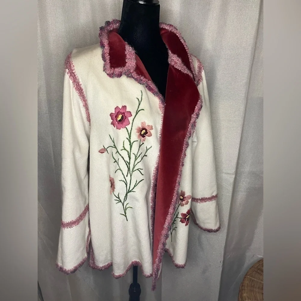 Reversable Bohemian ￼Velvet Burgundy & Off White 2 Tone Women's Jacket sz L-XL  - Picture 4 of 13